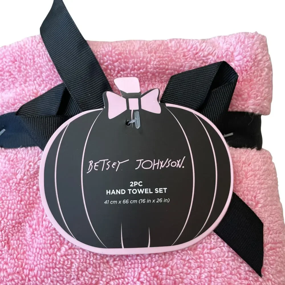 Betsey Johnson Pink Halloween Cat Hand Towels 16x26 Cotton Embroidered Set of 2